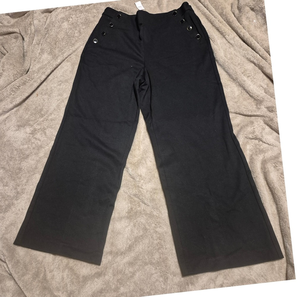 Talbots Black Wide Leg Sailor Pants High Waist Button Detail Ponte Knit 14 NEW